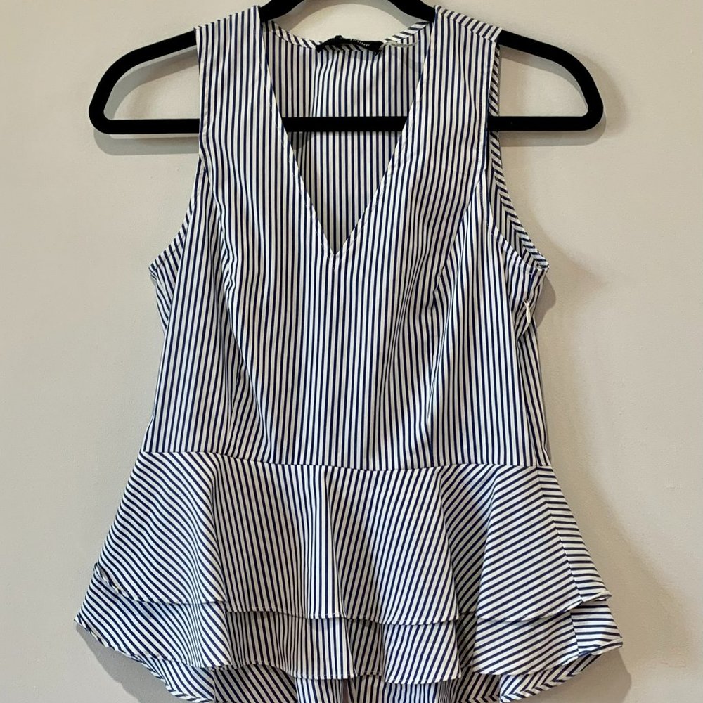 Blue Striped V-neck Peplum Blouse